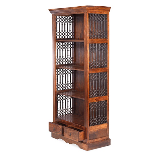 Zander Wooden Bookcase In Sheesham Hardwood With 2 Drawers Furniture
