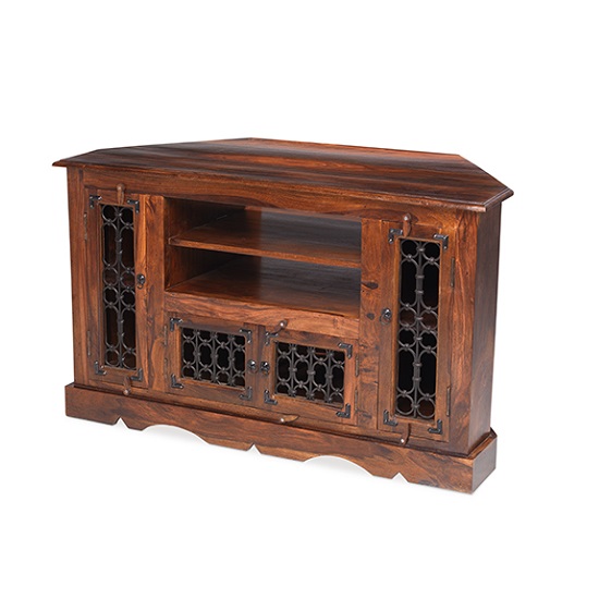 Product photograph of Zander Wooden Corner Tv Stand In Sheesham Hardwood With 4 Doors from Furniture in Fashion