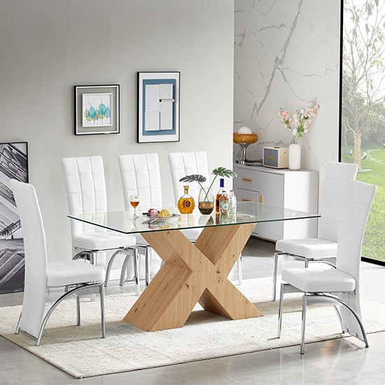 Read more about Zanti clear glass dining table with 6 ravenna white chairs