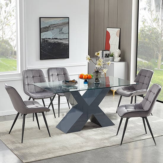 Photo of Zanti glass dining table in grey base with 6 pekato grey chairs