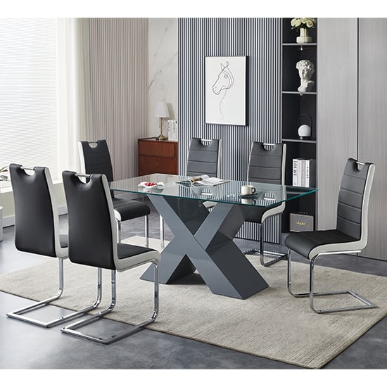Product photograph of Zanti Glass Dining Table In Grey Base 6 Petra Grey White Chairs from Furniture in Fashion