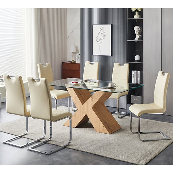 Product photograph of Zanti Glass Dining Table In Oak Base 6 Petra Cream Chairs from Furniture in Fashion