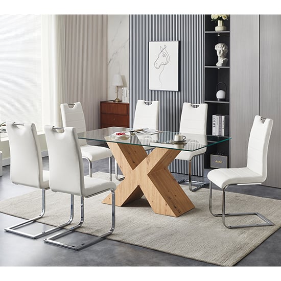 Product photograph of Zanti Glass Dining Table In Oak Base 6 Petra White Chairs from Furniture in Fashion
