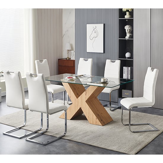 Read more about Zanti glass dining table with oak base 6 petra white chairs