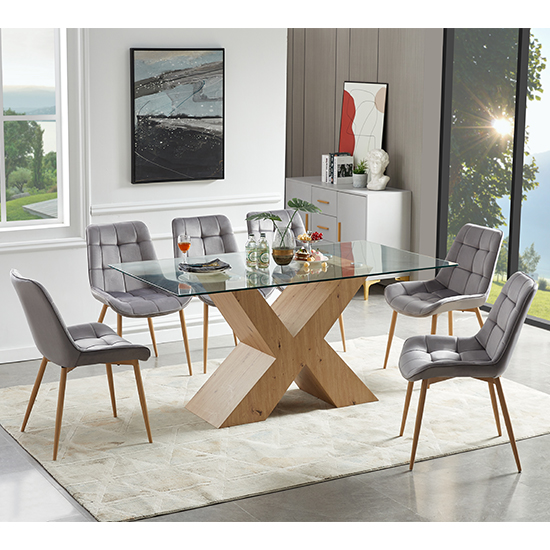 Photo of Zanti glass dining table in oak base with 6 primo grey chairs