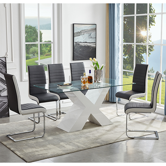 Read more about Zanti glass dining table in white base with 6 symphony chairs