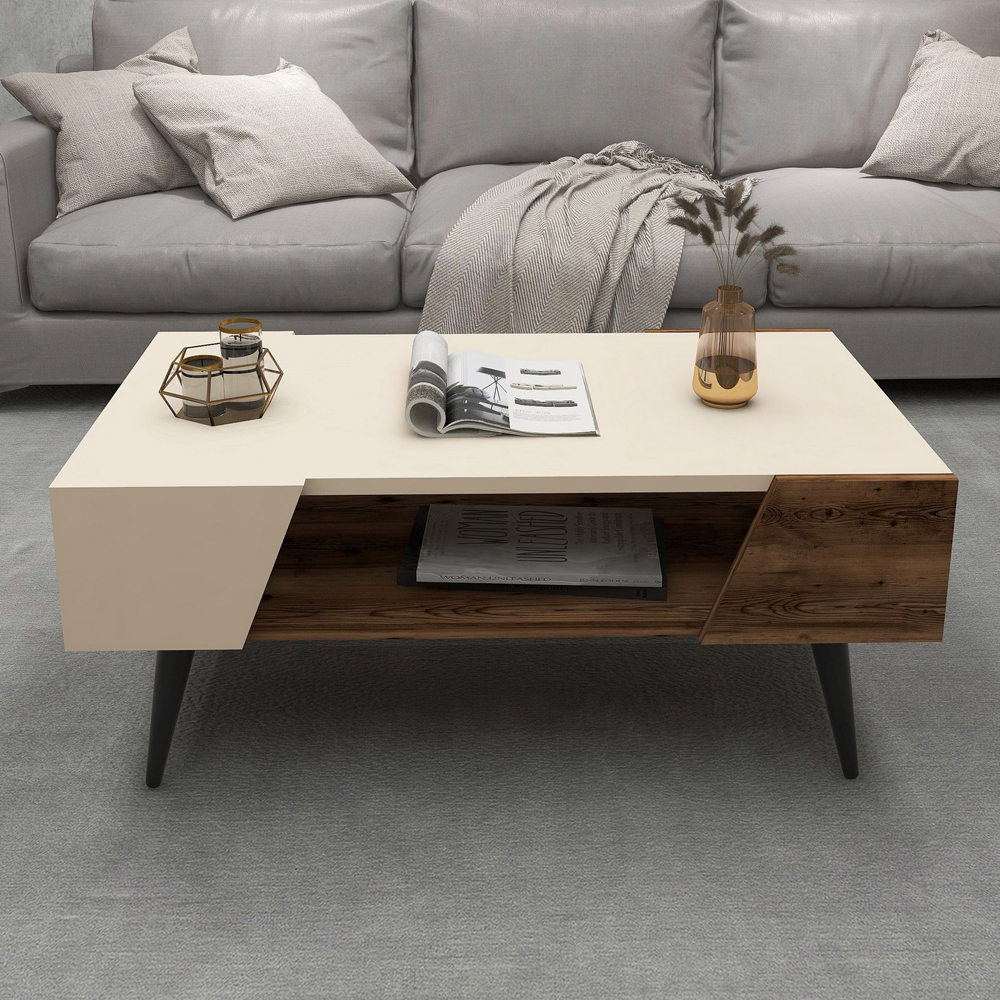 Zanviro Wooden Coffee Table With Undershelf In Beige And Light Walnut