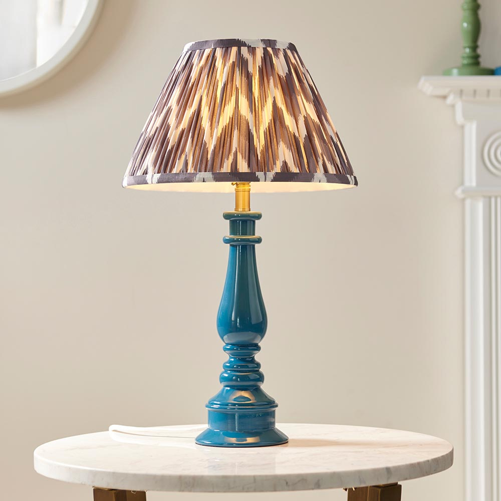 Read more about Zapopan pearl grey 30cm shade resin table lamp in marlin blue