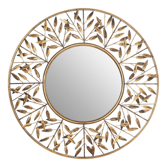 Zaria Round Tiny Leaf Design Wall Mirror In Warm Gold Frame_2