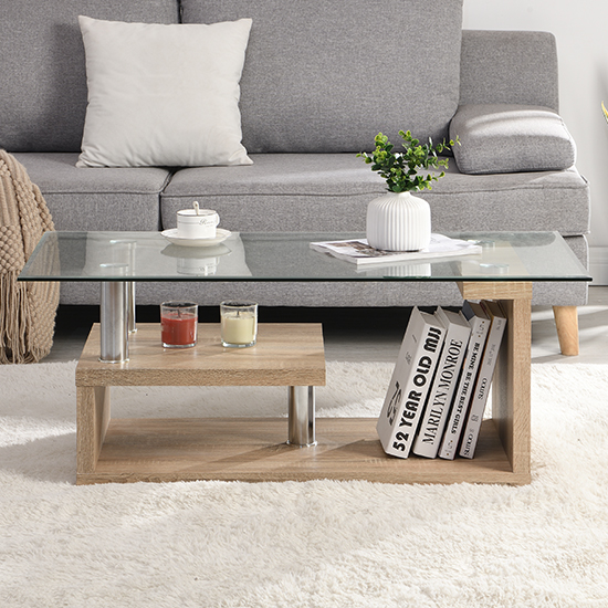 Zariah Clear Glass Coffee Table With Oak Wooden Base