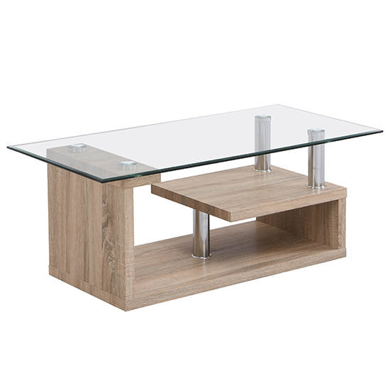 Zariah Clear Glass Coffee Table With Oak Wooden Base