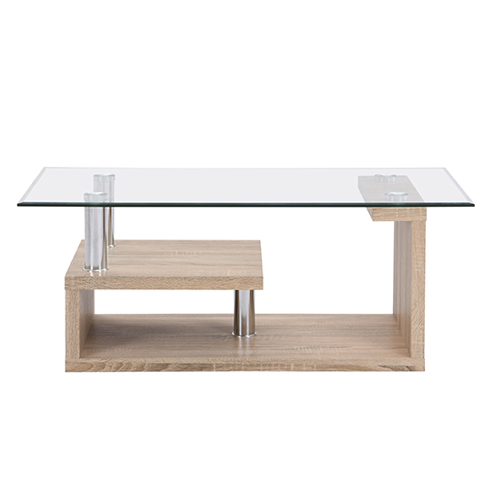 Zariah Clear Glass Coffee Table With Oak Wooden Base Furniture in Fashion