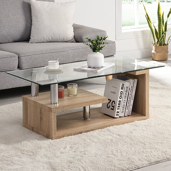 Product photograph of Zariah Clear Glass Coffee Table With Oak Wooden Base from Furniture in Fashion