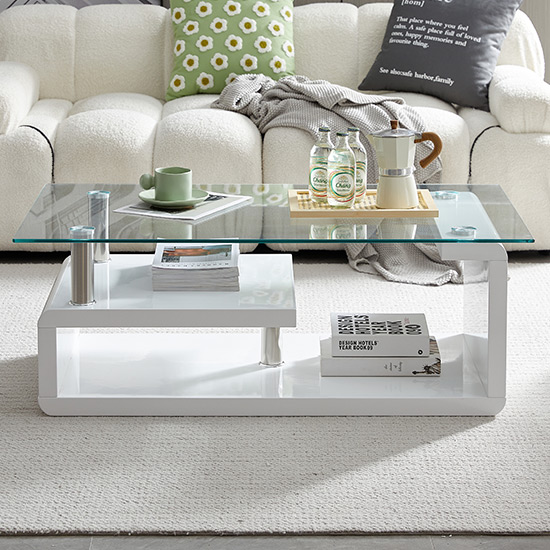 Zariah Clear Glass Coffee Table With White High Gloss Base Furniture in Fashion