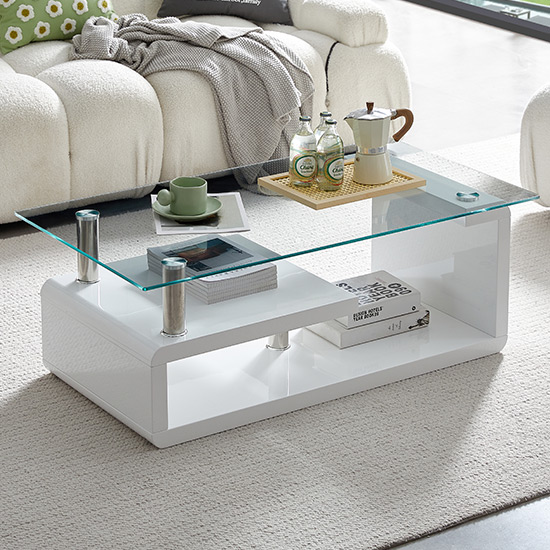 Product photograph of Zariah Clear Glass Coffee Table With White High Gloss Base from Furniture in Fashion