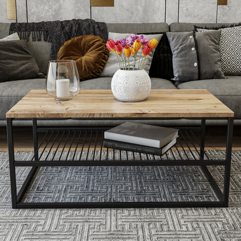 Solvani Wooden Coffee Table With Black Metal Frame In Pine