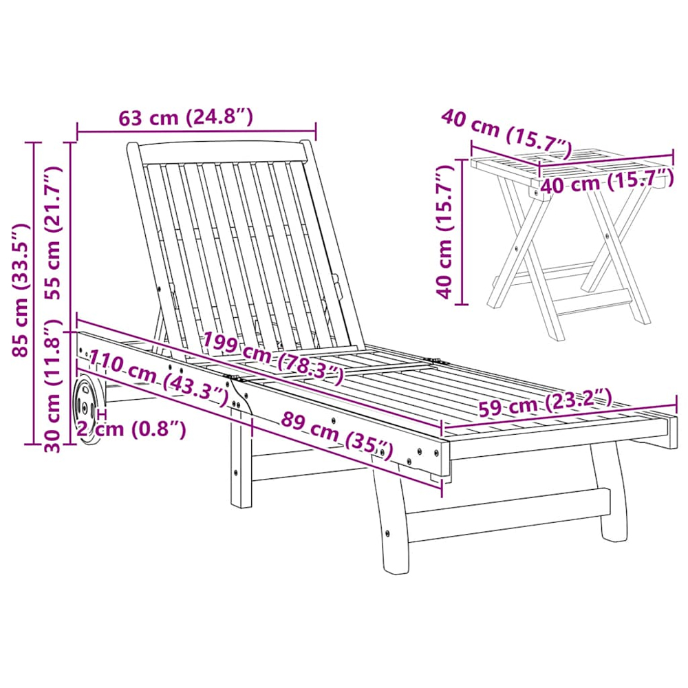 Zavira Garden Acacia Wood Sun Lounger with Table in Brown