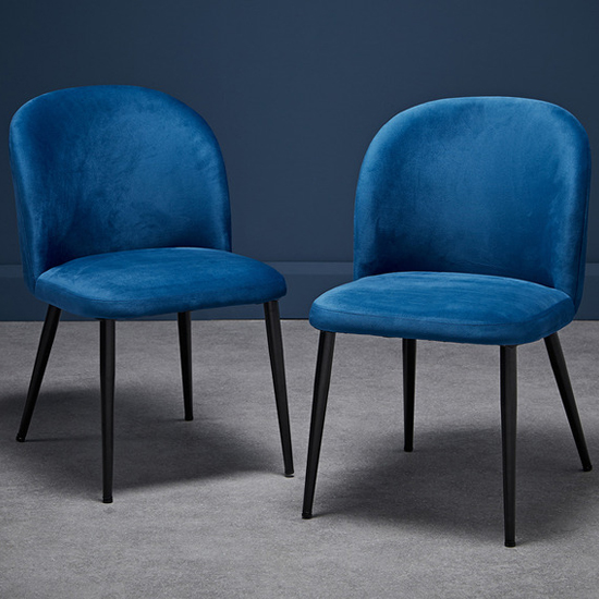 Product photograph of Zaza Blue Velvet Dining Chairs With Black Legs In Pair from Furniture in Fashion