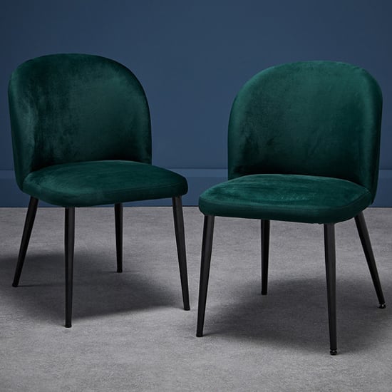 Product photograph of Zaza Green Velvet Dining Chairs With Black Legs In Pair from Furniture in Fashion