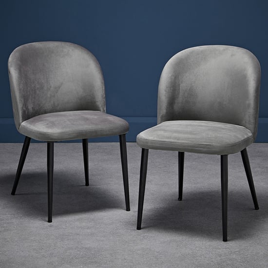 Product photograph of Zaza Grey Velvet Dining Chairs With Black Legs In Pair from Furniture in Fashion