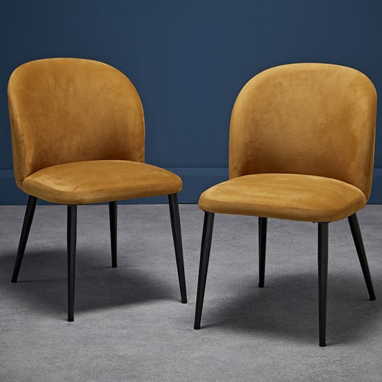Product photograph of Zaza Mustard Velvet Dining Chairs With Black Legs In Pair from Furniture in Fashion