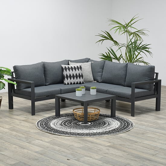 Product photograph of Zeal Outdoor Fabric Corner Sofa And Coffee Table In Mystic Grey from Furniture in Fashion