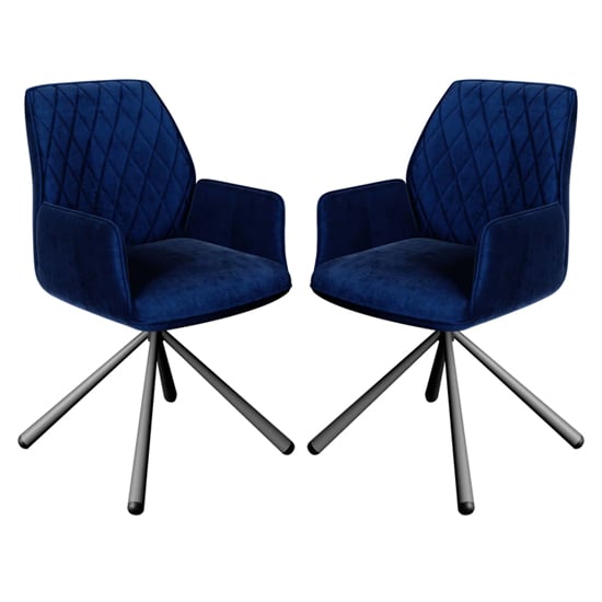 Photo of Zekrot swivel blue velvet fabric dining chairs in pair