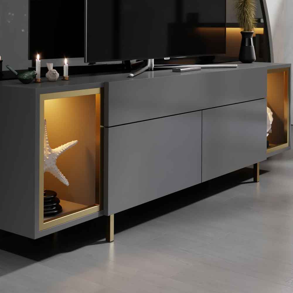 Zenith Wooden LED TV Stand with 2 Doors in Anthracite and Gold