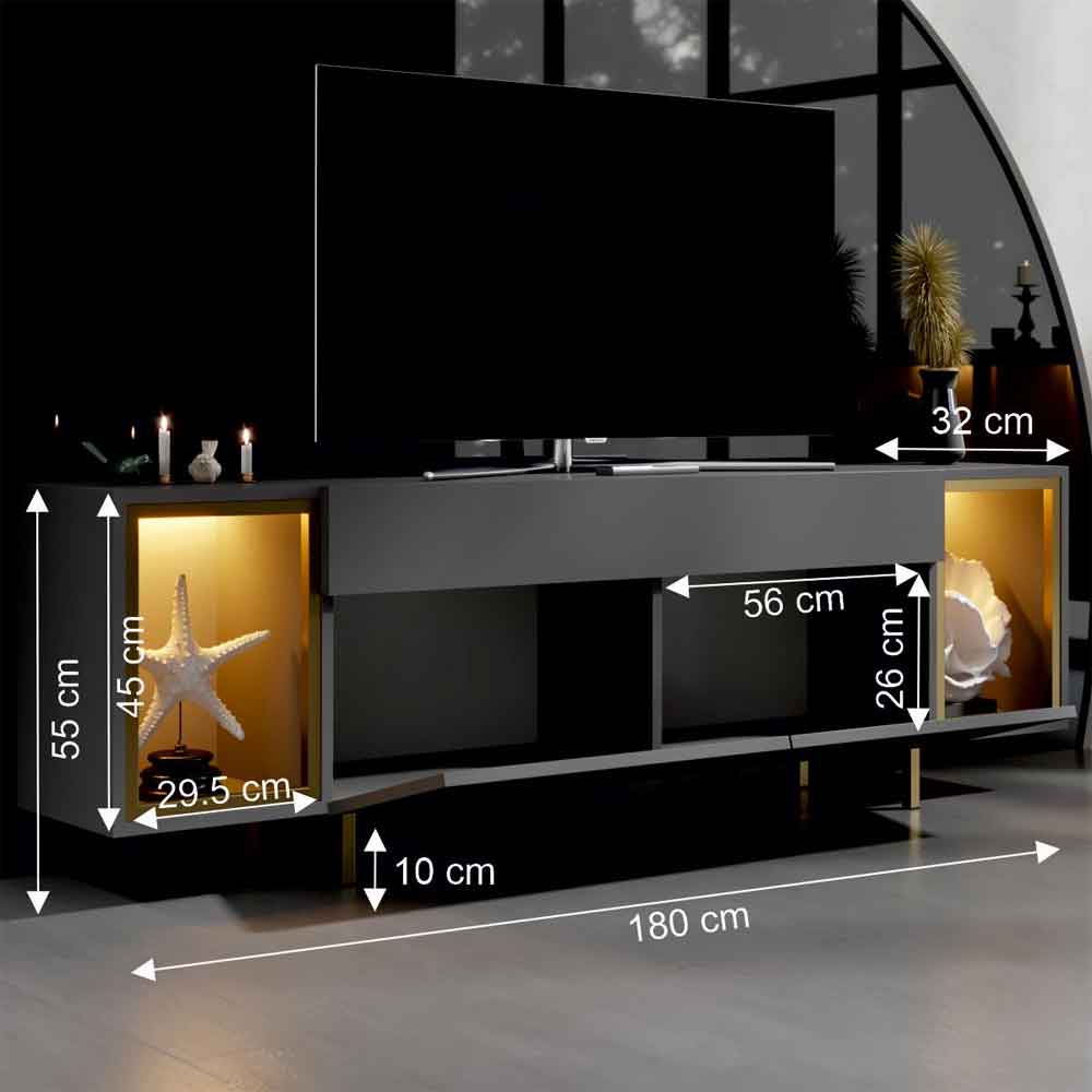 Zenith Wooden LED TV Stand with 2 Doors in Anthracite and Gold
