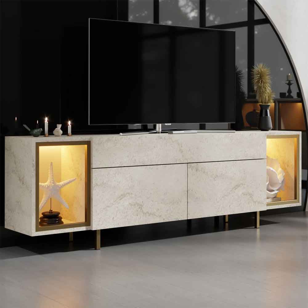 Zenith Wooden LED TV Stand with 2 Doors in Travertine Marble Effect and Gold