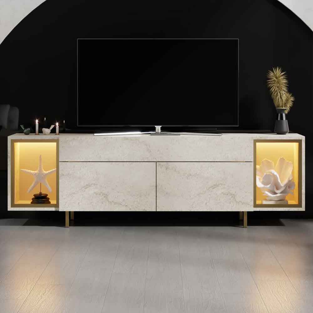 Zenith Wooden LED TV Stand with 2 Doors in Travertine Marble Effect and Gold