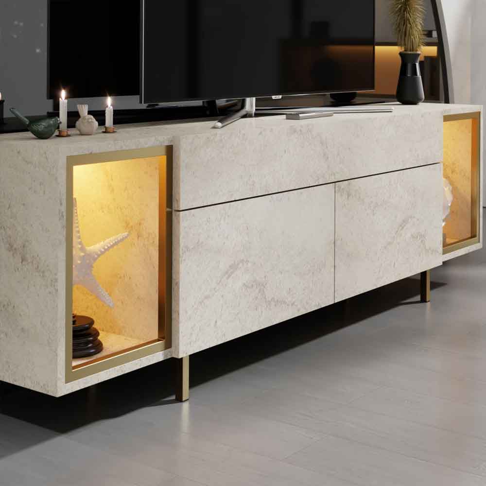 Zenith Wooden LED TV Stand with 2 Doors in Travertine Marble Effect and Gold