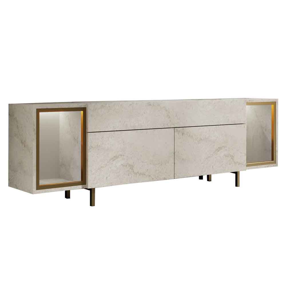 Zenith Wooden LED TV Stand with 2 Doors in Travertine Marble Effect and Gold