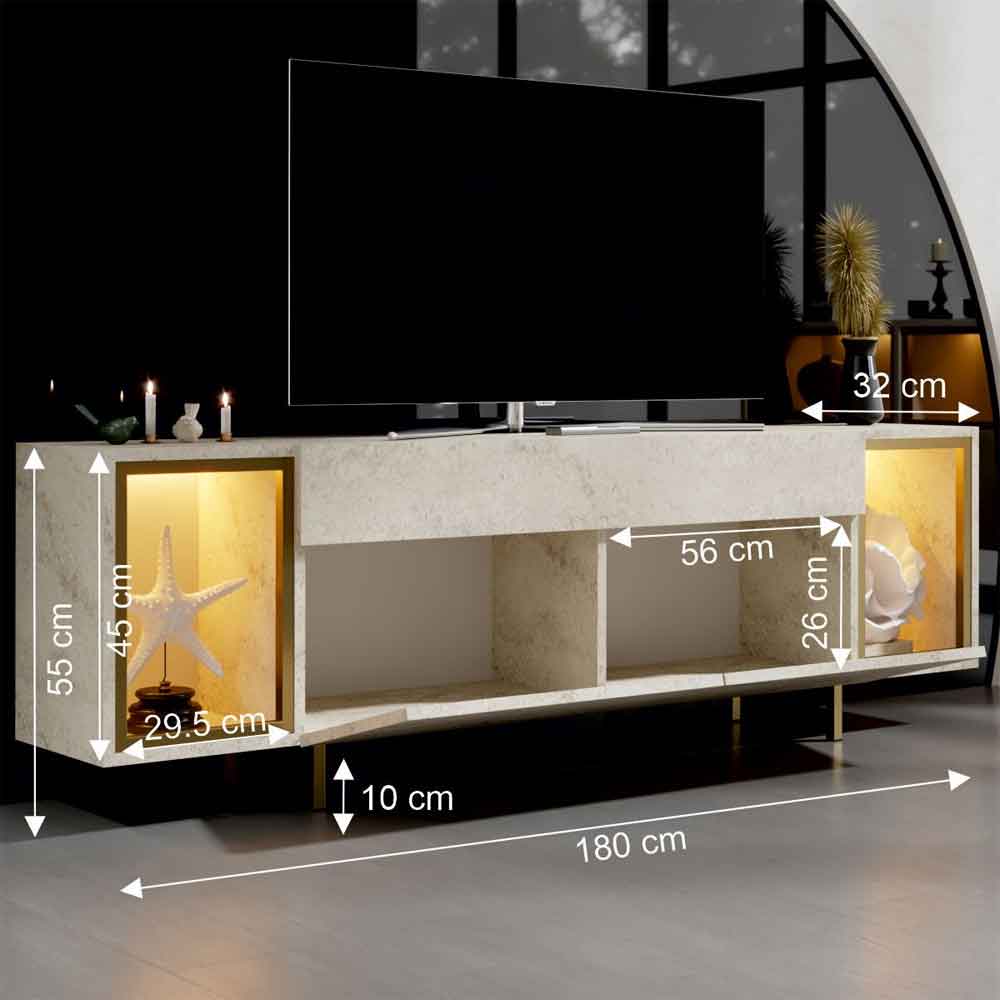 Zenith Wooden LED TV Stand with 2 Doors in Travertine Marble Effect and Gold