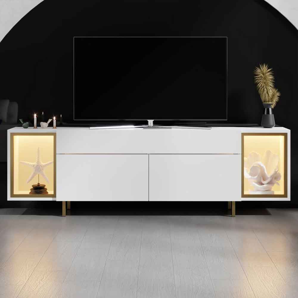 Zenith Wooden LED TV Stand with 2 Doors in White and Gold