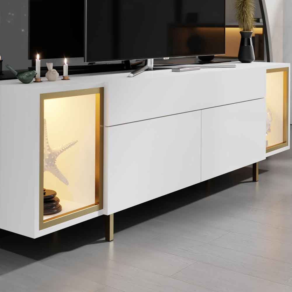 Zenith Wooden LED TV Stand with 2 Doors in White and Gold