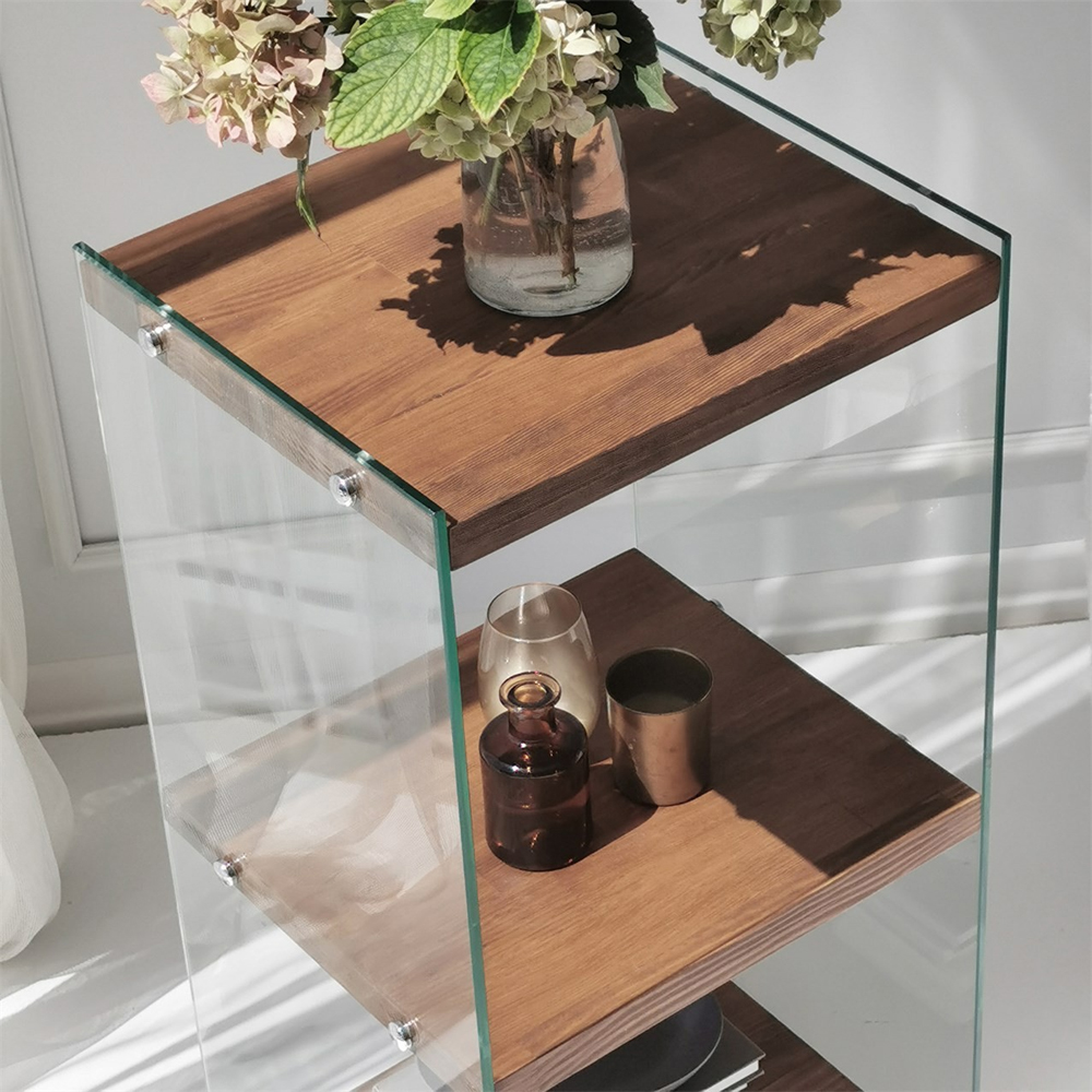 Zerano Tempered Glass Frame Bookcase With 3 Solid Wood Natural Shelves