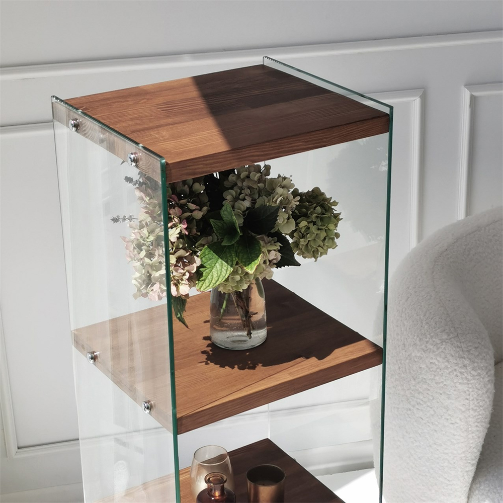 Zerano Tempered Glass Frame Bookcase With 4 Solid Wood Natural Shelves