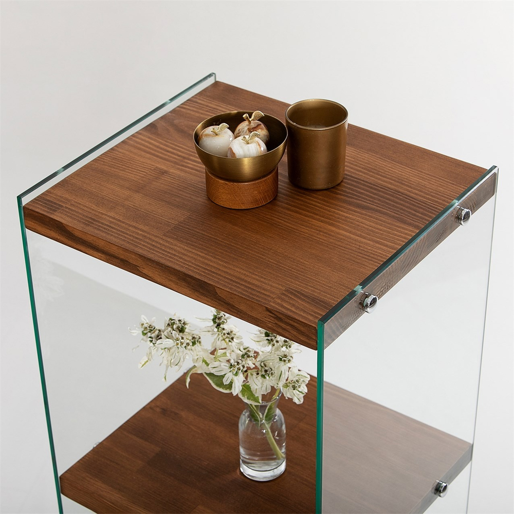 Zerano Tempered Glass Frame Bookcase With 4 Solid Wood Natural Shelves