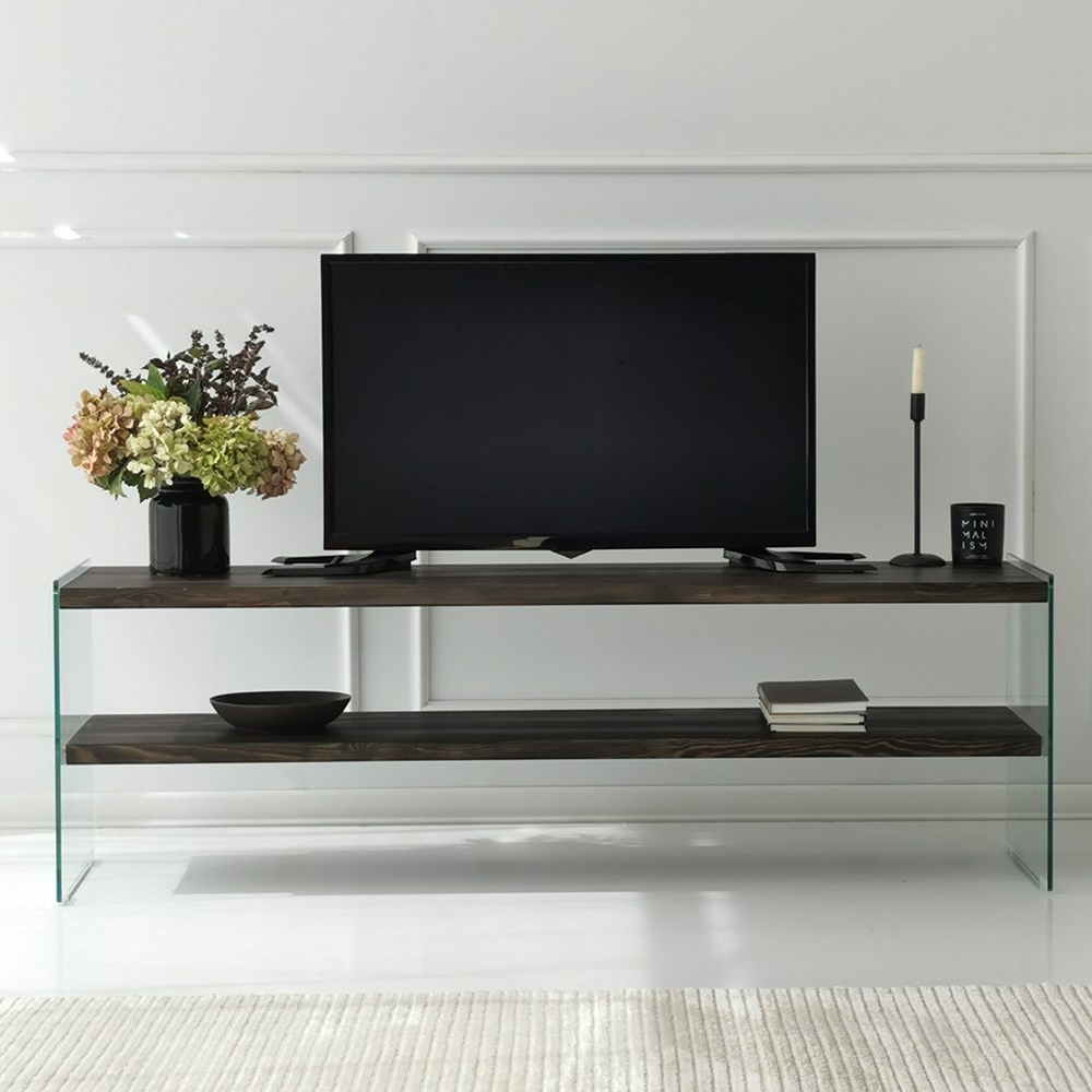 Zerano Tempered Glass Frame TV Stand With 2 Solid Wood Anthracite Shelves