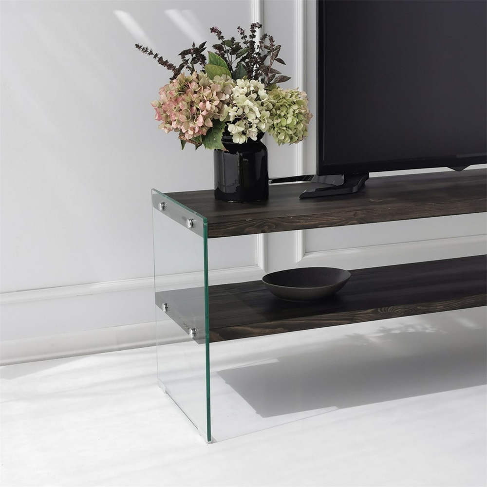 Zerano Tempered Glass Frame TV Stand With 2 Solid Wood Anthracite Shelves