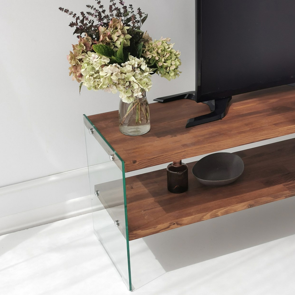 Zerano Tempered Glass Frame TV Stand With 2 Solid Wood Natural Shelves