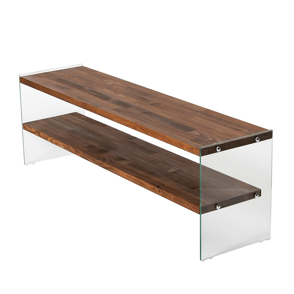 Zerano Tempered Glass Frame TV Stand With 2 Solid Wood Natural Shelves