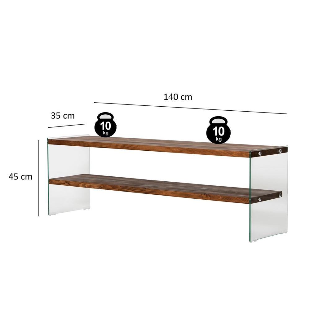 Zerano Tempered Glass Frame TV Stand With 2 Solid Wood Natural Shelves