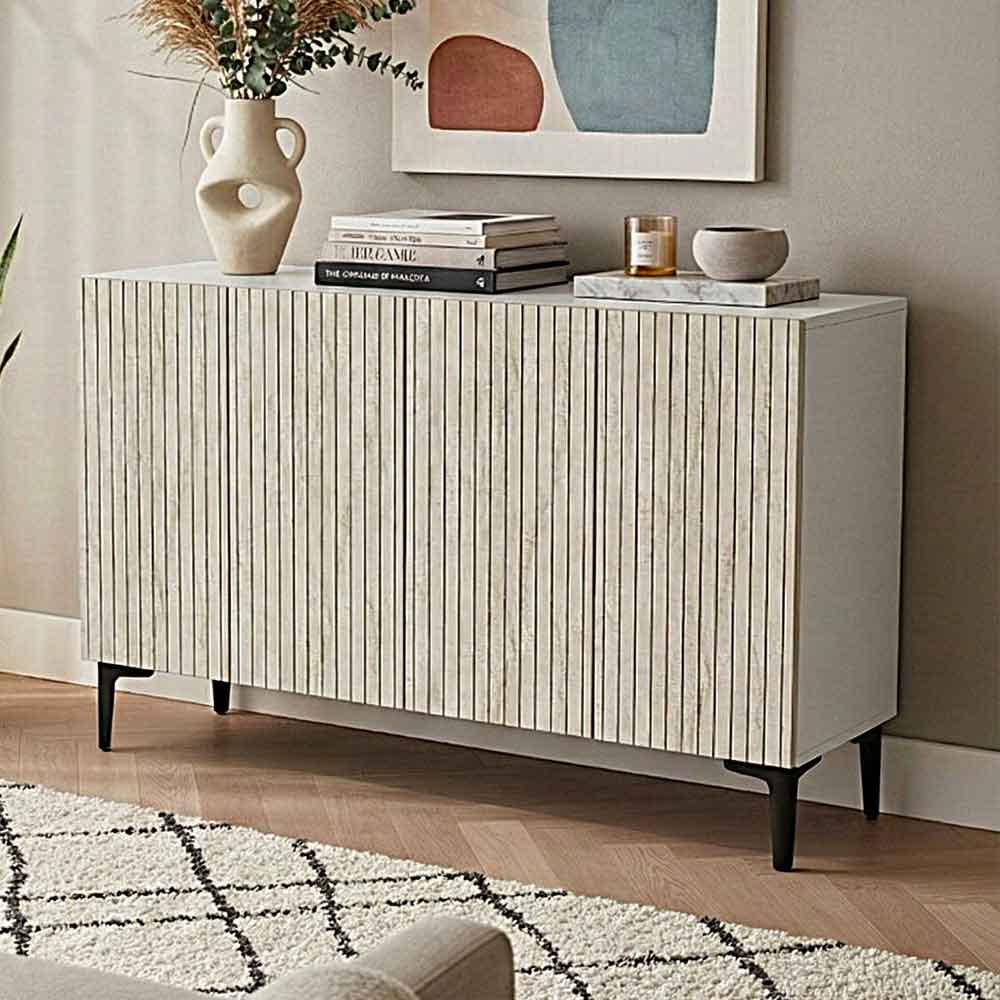 Zeynep Wooden Sideboard with 4 Doors in White and Travertine Marble Effect