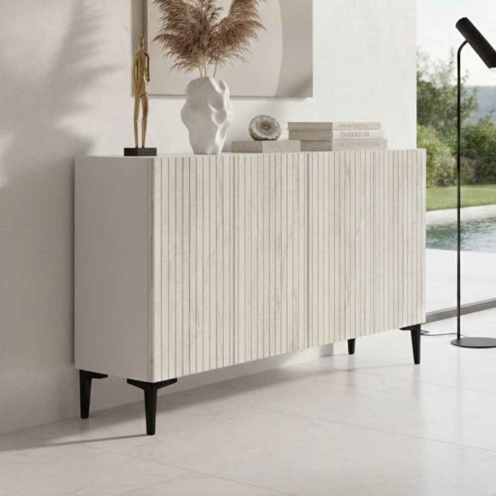 Zeynep Wooden Sideboard with 4 Doors in White and Travertine Marble Effect