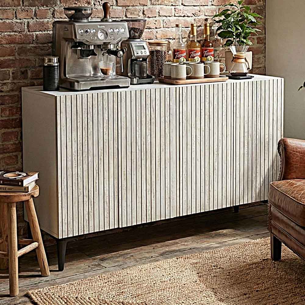 Zeynep Wooden Sideboard with 4 Doors in White and Travertine Marble Effect