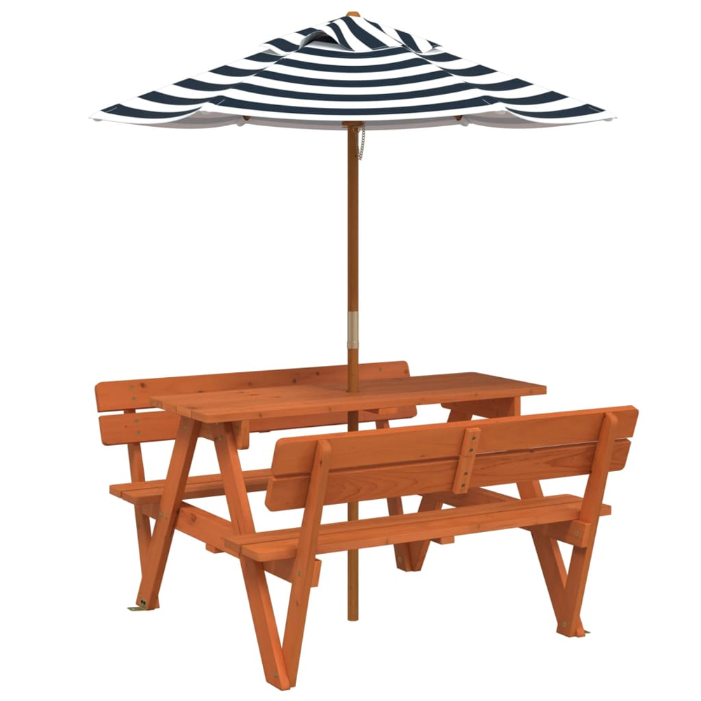 Zivelo Outdoor Solid Wood Picnic Table Set with Blue Umbrella in Dark Brown