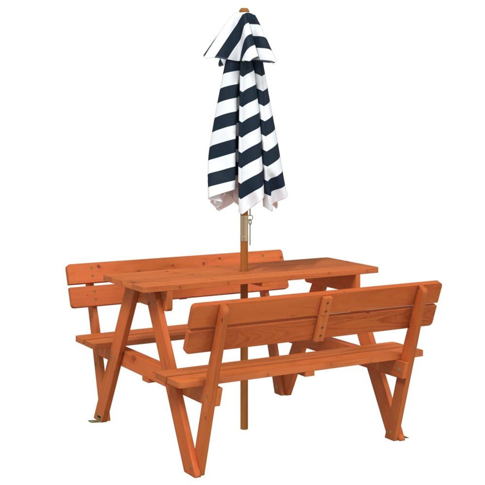 Zivelo Outdoor Solid Wood Picnic Table Set with Blue Umbrella in Dark Brown