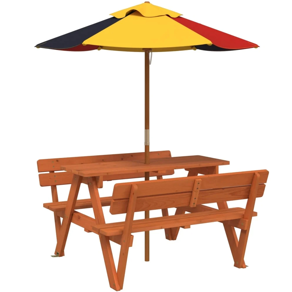 Zivelo Outdoor Solid Wood Picnic Table Set with Multicolour Umbrella in Dark Brown